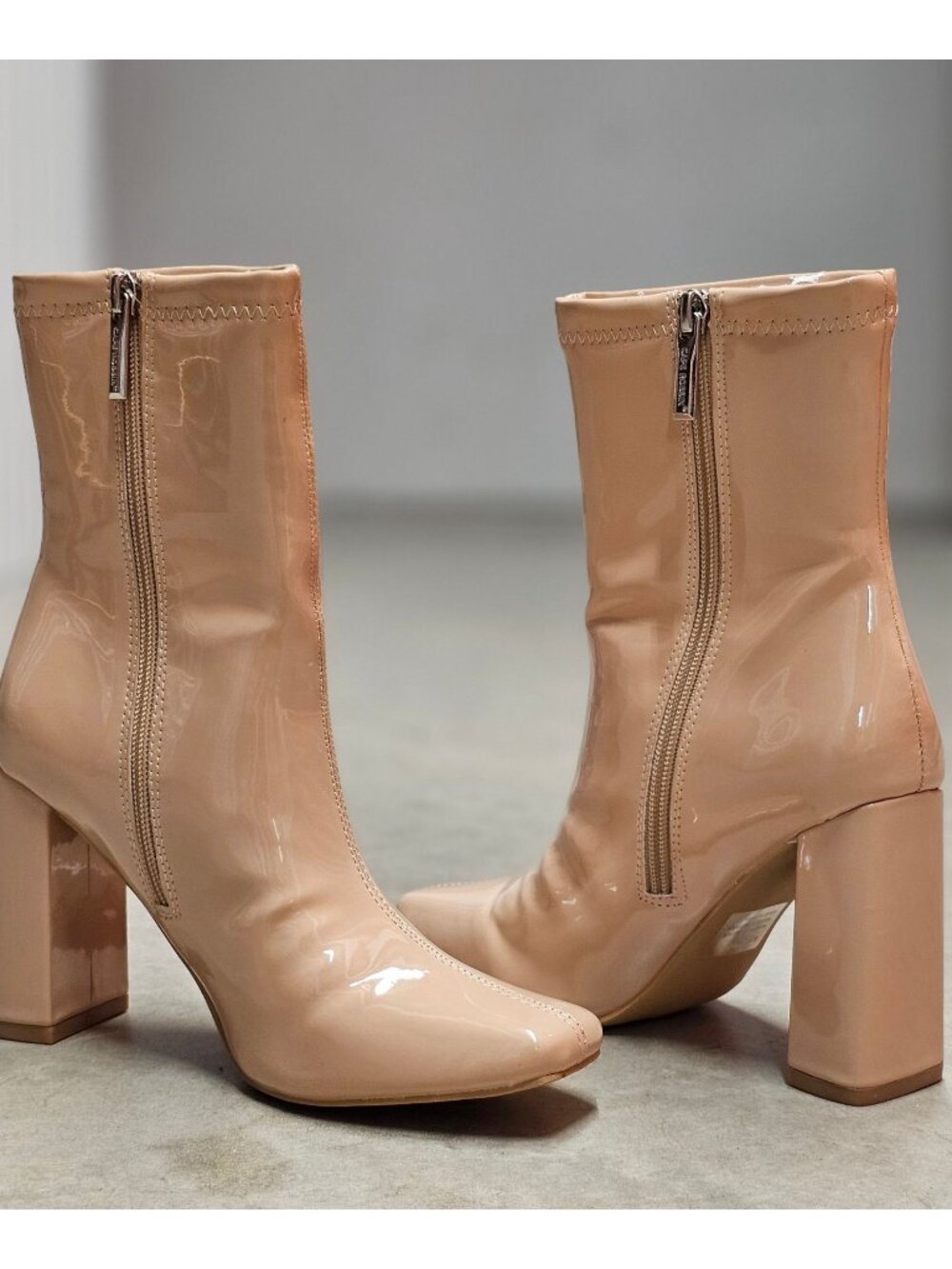 Nude Patent Leather Block Heel Ankle Boots With Side Zipper Closure For Women